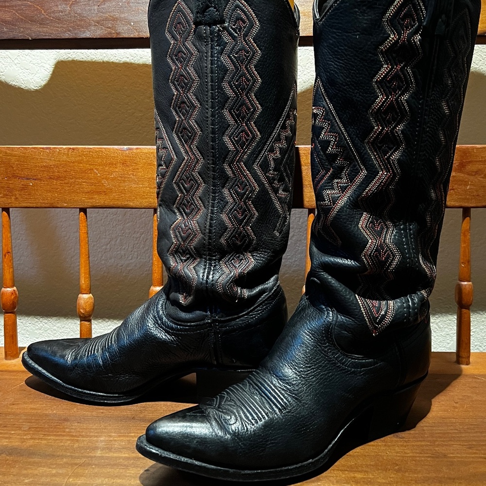 Dan Post Women’s Sz 6.5 Tall Black Deer Skin Western Boots - Made USA - EUC